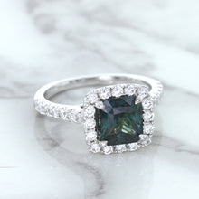 Load image into Gallery viewer, 2.56ct Radiant Cut Unheated Green Sapphire Ring with Diamond Halo in 18K White Gold