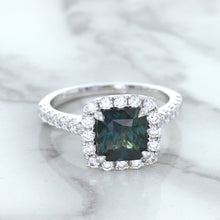 Load image into Gallery viewer, 2.56ct Radiant Cut Unheated Green Sapphire Ring with Diamond Halo in 18K White Gold