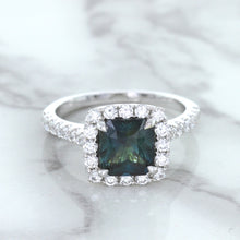 Load image into Gallery viewer, 2.56ct Radiant Cut Unheated Green Sapphire Ring with Diamond Halo in 18K White Gold