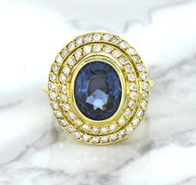 Load image into Gallery viewer, 4.23ct Oval Blue Spinel Ring with Double Diamond Halo in 14K Yellow Gold