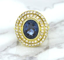 Load image into Gallery viewer, 4.23ct Oval Blue Spinel Ring with Double Diamond Halo in 14K Yellow Gold