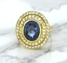 Load image into Gallery viewer, 4.23ct Oval Blue Spinel Ring with Double Diamond Halo in 14K Yellow Gold