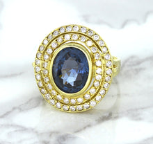 Load image into Gallery viewer, 4.23ct Oval Blue Spinel Ring with Double Diamond Halo in 14K Yellow Gold