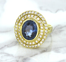Load image into Gallery viewer, 4.23ct Oval Blue Spinel Ring with Double Diamond Halo in 14K Yellow Gold