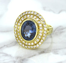 Load image into Gallery viewer, 4.23ct Oval Blue Spinel Ring with Double Diamond Halo in 14K Yellow Gold