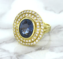 Load image into Gallery viewer, 4.23ct Oval Blue Spinel Ring with Double Diamond Halo in 14K Yellow Gold