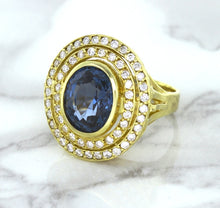 Load image into Gallery viewer, 4.23ct Oval Blue Spinel Ring with Double Diamond Halo in 14K Yellow Gold