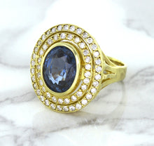 Load image into Gallery viewer, 4.23ct Oval Blue Spinel Ring with Double Diamond Halo in 14K Yellow Gold