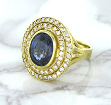 Load image into Gallery viewer, 4.23ct Oval Blue Spinel Ring with Double Diamond Halo in 14K Yellow Gold