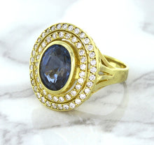 Load image into Gallery viewer, 4.23ct Oval Blue Spinel Ring with Double Diamond Halo in 14K Yellow Gold