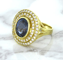 Load image into Gallery viewer, 4.23ct Oval Blue Spinel Ring with Double Diamond Halo in 14K Yellow Gold
