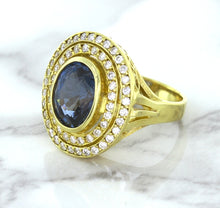 Load image into Gallery viewer, 4.23ct Oval Blue Spinel Ring with Double Diamond Halo in 14K Yellow Gold