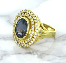 Load image into Gallery viewer, 4.23ct Oval Blue Spinel Ring with Double Diamond Halo in 14K Yellow Gold