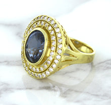 Load image into Gallery viewer, 4.23ct Oval Blue Spinel Ring with Double Diamond Halo in 14K Yellow Gold