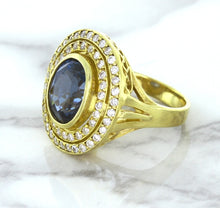 Load image into Gallery viewer, 4.23ct Oval Blue Spinel Ring with Double Diamond Halo in 14K Yellow Gold