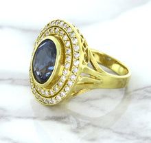 Load image into Gallery viewer, 4.23ct Oval Blue Spinel Ring with Double Diamond Halo in 14K Yellow Gold