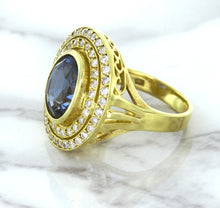 Load image into Gallery viewer, 4.23ct Oval Blue Spinel Ring with Double Diamond Halo in 14K Yellow Gold