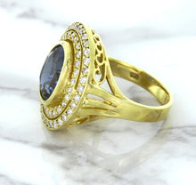 Load image into Gallery viewer, 4.23ct Oval Blue Spinel Ring with Double Diamond Halo in 14K Yellow Gold