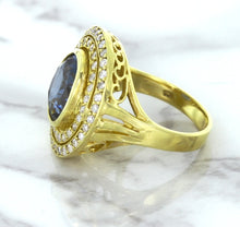 Load image into Gallery viewer, 4.23ct Oval Blue Spinel Ring with Double Diamond Halo in 14K Yellow Gold