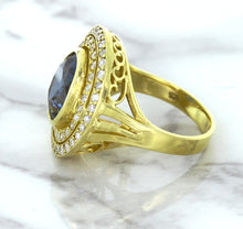 Load image into Gallery viewer, 4.23ct Oval Blue Spinel Ring with Double Diamond Halo in 14K Yellow Gold
