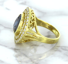 Load image into Gallery viewer, 4.23ct Oval Blue Spinel Ring with Double Diamond Halo in 14K Yellow Gold