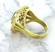 Load image into Gallery viewer, 4.23ct Oval Blue Spinel Ring with Double Diamond Halo in 14K Yellow Gold