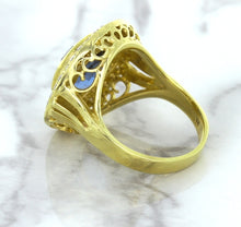 Load image into Gallery viewer, 4.23ct Oval Blue Spinel Ring with Double Diamond Halo in 14K Yellow Gold