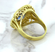 Load image into Gallery viewer, 4.23ct Oval Blue Spinel Ring with Double Diamond Halo in 14K Yellow Gold