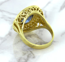 Load image into Gallery viewer, 4.23ct Oval Blue Spinel Ring with Double Diamond Halo in 14K Yellow Gold