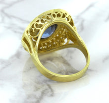 Load image into Gallery viewer, 4.23ct Oval Blue Spinel Ring with Double Diamond Halo in 14K Yellow Gold