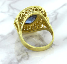 Load image into Gallery viewer, 4.23ct Oval Blue Spinel Ring with Double Diamond Halo in 14K Yellow Gold