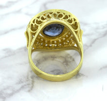 Load image into Gallery viewer, 4.23ct Oval Blue Spinel Ring with Double Diamond Halo in 14K Yellow Gold