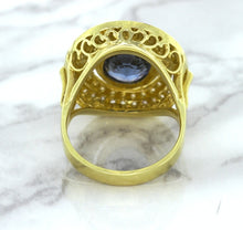 Load image into Gallery viewer, 4.23ct Oval Blue Spinel Ring with Double Diamond Halo in 14K Yellow Gold