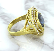 Load image into Gallery viewer, 4.23ct Oval Blue Spinel Ring with Double Diamond Halo in 14K Yellow Gold