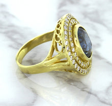 Load image into Gallery viewer, 4.23ct Oval Blue Spinel Ring with Double Diamond Halo in 14K Yellow Gold