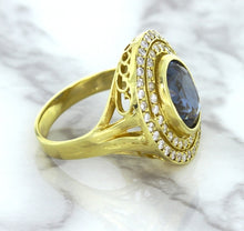 Load image into Gallery viewer, 4.23ct Oval Blue Spinel Ring with Double Diamond Halo in 14K Yellow Gold