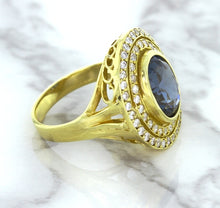 Load image into Gallery viewer, 4.23ct Oval Blue Spinel Ring with Double Diamond Halo in 14K Yellow Gold