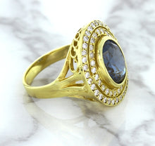 Load image into Gallery viewer, 4.23ct Oval Blue Spinel Ring with Double Diamond Halo in 14K Yellow Gold