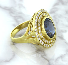 Load image into Gallery viewer, 4.23ct Oval Blue Spinel Ring with Double Diamond Halo in 14K Yellow Gold