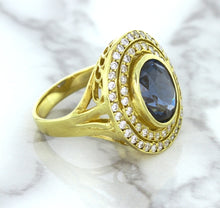 Load image into Gallery viewer, 4.23ct Oval Blue Spinel Ring with Double Diamond Halo in 14K Yellow Gold