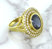 Load image into Gallery viewer, 4.23ct Oval Blue Spinel Ring with Double Diamond Halo in 14K Yellow Gold