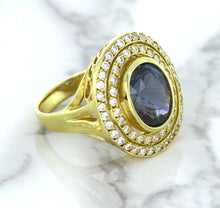 Load image into Gallery viewer, 4.23ct Oval Blue Spinel Ring with Double Diamond Halo in 14K Yellow Gold