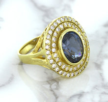 Load image into Gallery viewer, 4.23ct Oval Blue Spinel Ring with Double Diamond Halo in 14K Yellow Gold