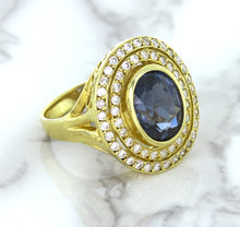 Load image into Gallery viewer, 4.23ct Oval Blue Spinel Ring with Double Diamond Halo in 14K Yellow Gold