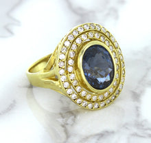 Load image into Gallery viewer, 4.23ct Oval Blue Spinel Ring with Double Diamond Halo in 14K Yellow Gold