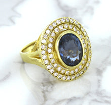 Load image into Gallery viewer, 4.23ct Oval Blue Spinel Ring with Double Diamond Halo in 14K Yellow Gold