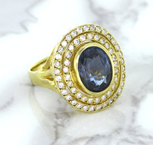 Load image into Gallery viewer, 4.23ct Oval Blue Spinel Ring with Double Diamond Halo in 14K Yellow Gold