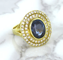 Load image into Gallery viewer, 4.23ct Oval Blue Spinel Ring with Double Diamond Halo in 14K Yellow Gold