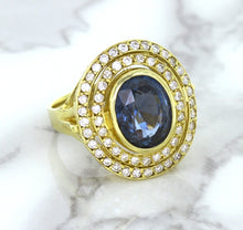 Load image into Gallery viewer, 4.23ct Oval Blue Spinel Ring with Double Diamond Halo in 14K Yellow Gold