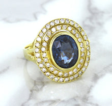 Load image into Gallery viewer, 4.23ct Oval Blue Spinel Ring with Double Diamond Halo in 14K Yellow Gold